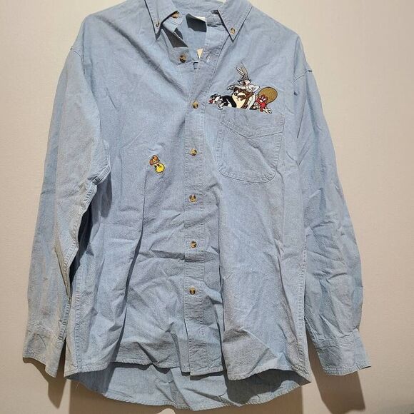 Vintage Looney Tunes Warner Bros Studio Store Men's Denim Shirt Size M 1996 - Picture 1 of 12
